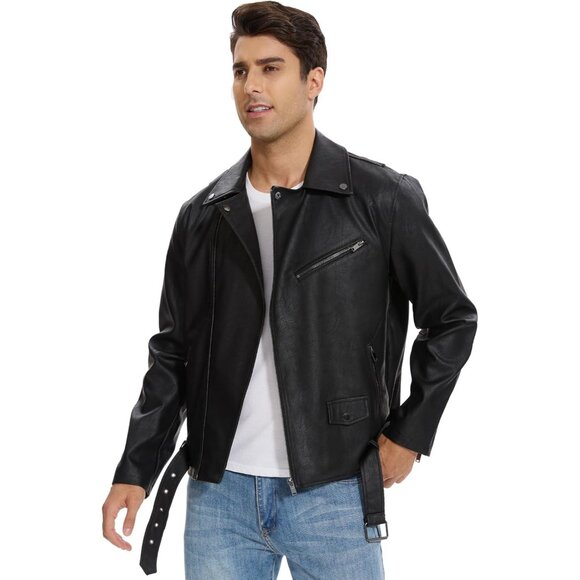 Men Black Faux Leather Biker Jacket Slim Fit Motorcycle Bomber Zip Up Coat - Picture 4 of 6